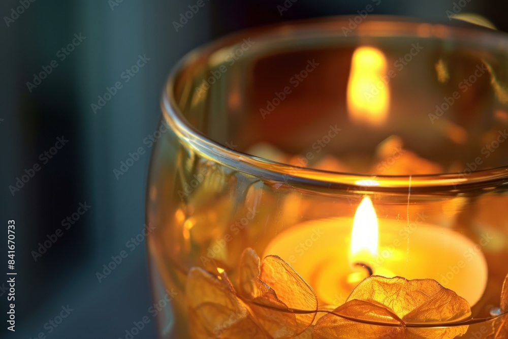 Closeup of a flickering candle with golden leaf decorations in a glass jar Closeup of a flickering candle with golden leaf decorations in a glass jar