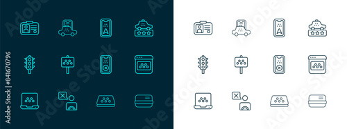 Set line Taxi service rating, driver, mobile app, car roof, Road sign for taxi stand, Infographic city map, license and icon. Vector
