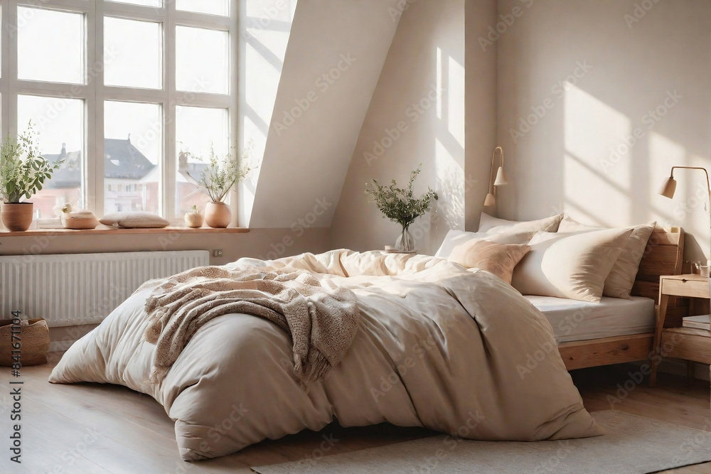 Fototapeta premium A Scandinavian-style bedroom with light beige tones, wooden accents, a cozy beige duvet, and natural light through windows.