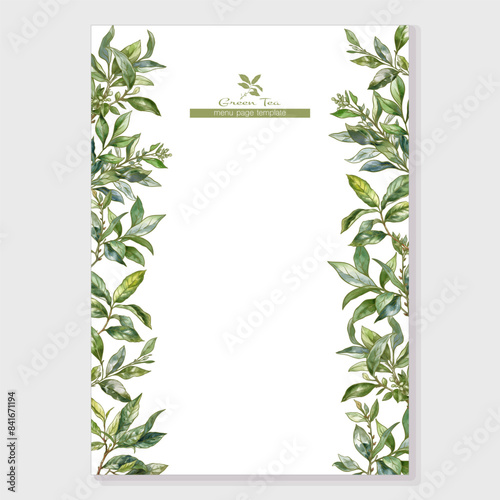 Green tea branch with leaves Border, frame, template for menu page, product label, cosmetic packaging. Vector illustration. In botanical style