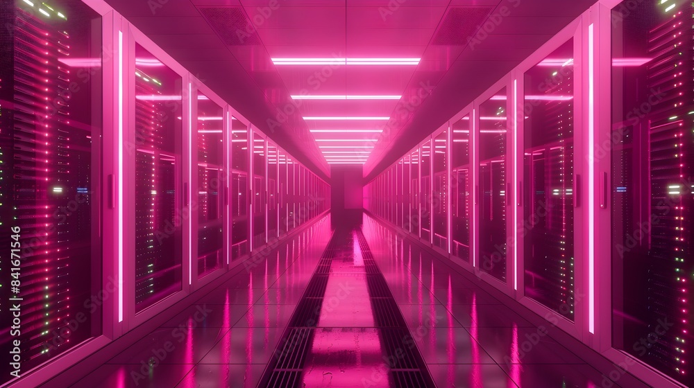 Fototapeta premium Illuminated Corridor of a Futuristic Data Center Facility Showcasing Modern Technology and Innovation