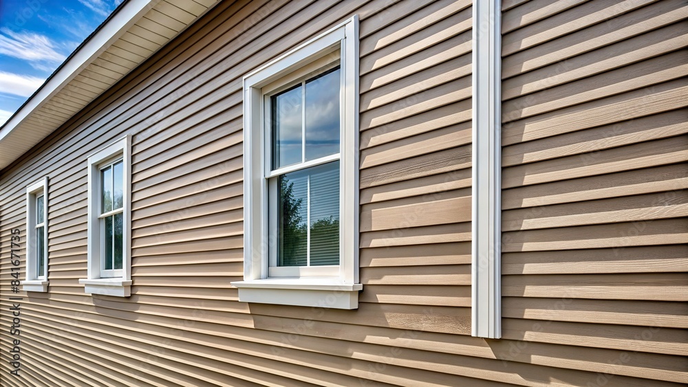 Close-up view of vinyl siding on house with window frames, vinyl ...