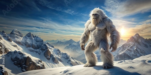 Mythical yeti standing proudly on a snowy mountain top, mythical, creature, abominable snowman, snow, mountain, peak, majestic, standing, wilderness, mysterious, legend, folklore, fantasy photo