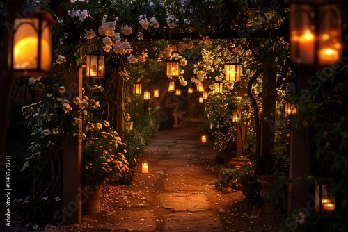 Magical Night Garden with Lanterns Illuminated by Warm Light and Blooming Jasmine Flowers