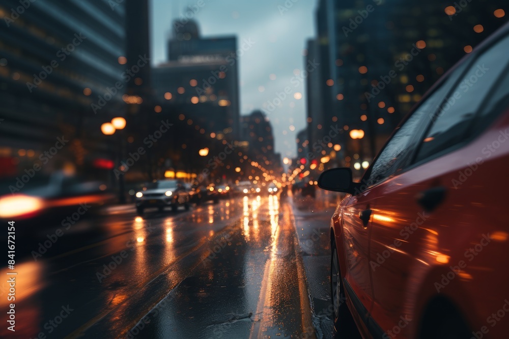 The car is driving through the night city in the rain. The car is driving through the night city in the rain.
