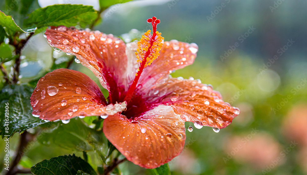Close up Hawaiian red Hibiscus flower. Macro shot of plant in garden. Water drops wet the petals Close up Hawaiian red Hibiscus flower. Macro shot of plant in garden. Water drops wet the petals