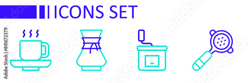 Set line Coffee filter holder, Manual coffee grinder, Pour over maker and cup icon. Vector
