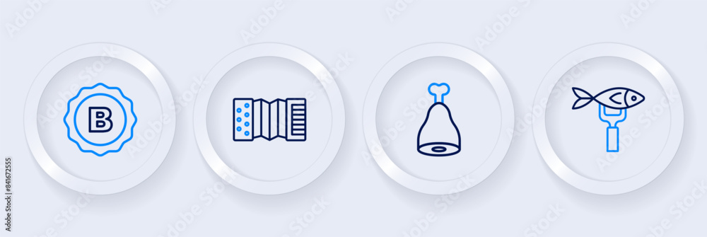 Set line Dried fish, Chicken leg, Accordion and Bottle cap icon. Vector Set line Dried fish, Chicken leg, Accordion and Bottle cap icon. Vector