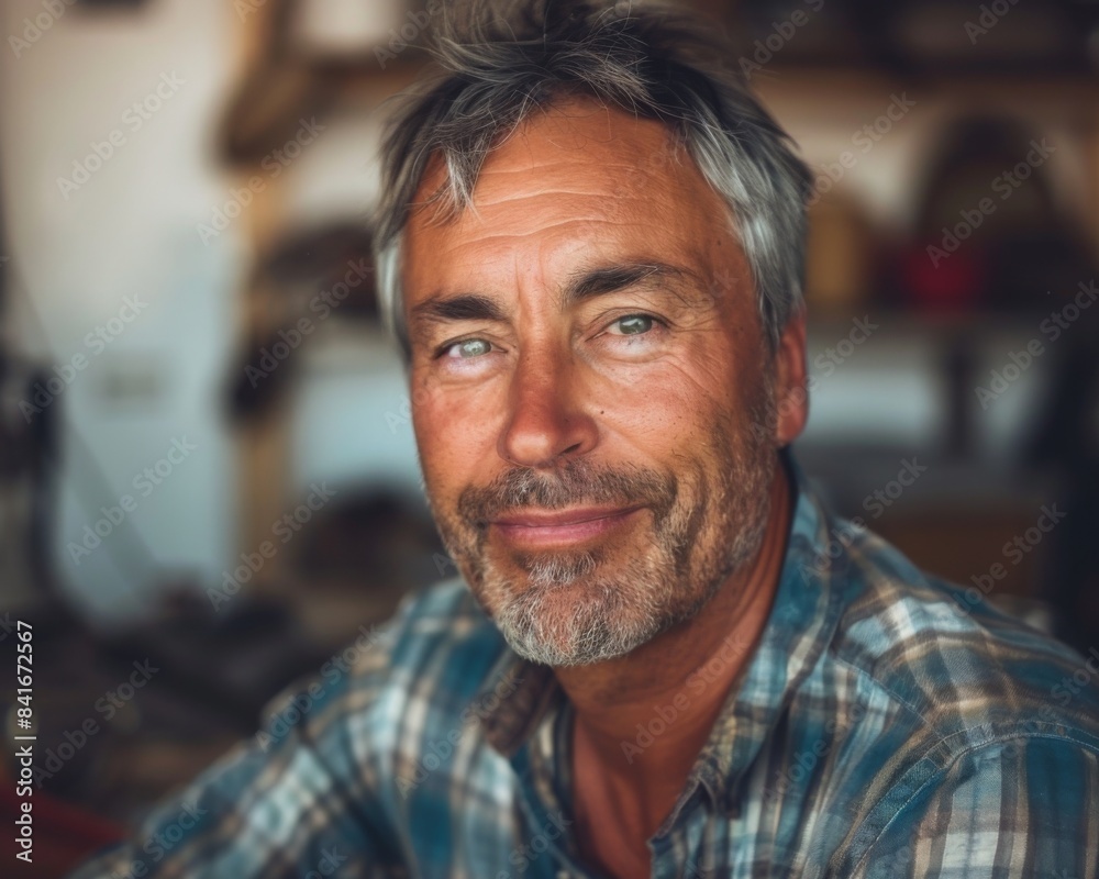 A close-up portrait of a middle-aged man with a kind face and a warm smile, captured in his workshop. His salt and pepper hair and weathered hands suggest years of hard work and dedication to his craf A close-up portrait of a middle-aged man with a kind face and a warm smile, captured in his workshop. His salt and pepper hair and weathered hands suggest years of hard work and dedication to his craf