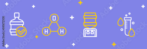Set line Test tube with water drop, Water cooler, Chemical formula H2O and Big bottle clean icon. Vector