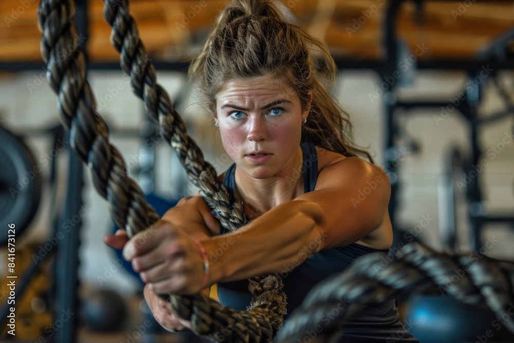 Obraz premium Woman Performing Intense Functional Fitness with Battle Ropes in a Modern Gym Setting