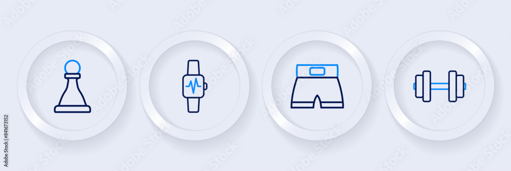 Set line Dumbbell, Boxing short, Smart watch with heart and Chess icon. Vector Set line Dumbbell, Boxing short, Smart watch with heart and Chess icon. Vector