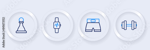 Set line Dumbbell, Boxing short, Smart watch with heart and Chess icon. Vector