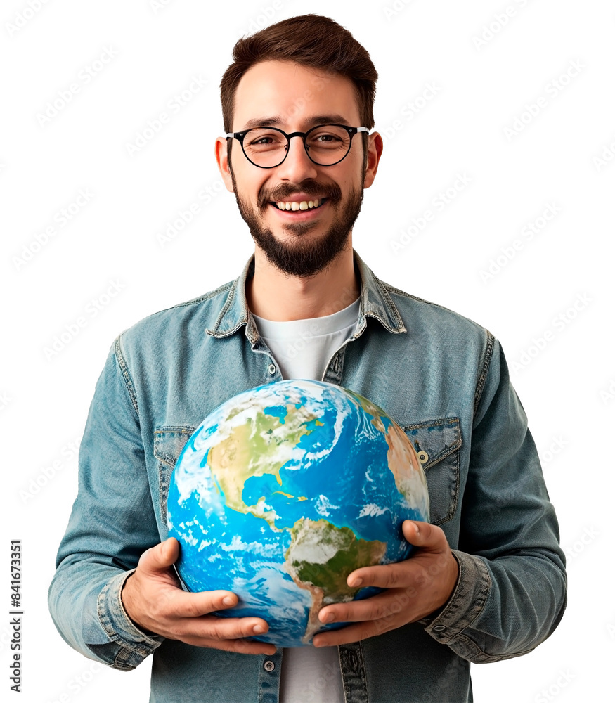 A smiling male geography teacher holding globe isolated on transparent background. A smiling male geography teacher holding globe isolated on transparent background.