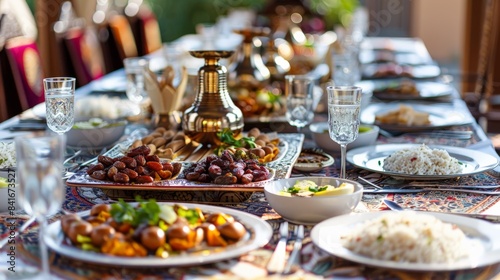 An elaborate iftar table set with dates  water  and traditional dishes  ready for the fast-breaking meal