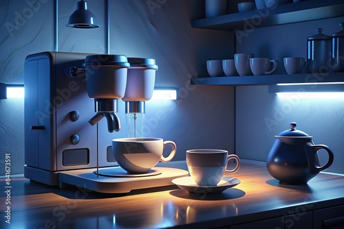 Modern coffee machine producing aromatic coffee with cups on table in kitchen  coffee machine  modern  cups  table  kitchen  producing  aromatic  drink  beans  technology  appliance