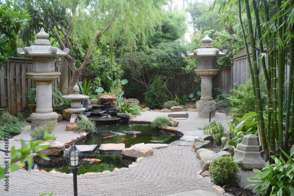 Serene Traditional Japanese Zen Garden with Koi Pond and Stone Lanterns for Tranquil Atmosphere Serene Traditional Japanese Zen Garden with Koi Pond and Stone Lanterns for Tranquil Atmosphere