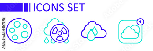 Set line Weather forecast app, Cloud with rain, Acid radioactive cloud and Moon icon. Vector