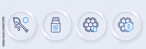 Set line Sale of honeycomb, Honeycomb, Jar and dipper stick icon. Vector