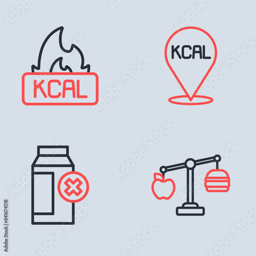 Set line Kcal, Lactose intolerance, Calorie calculator and icon. Vector