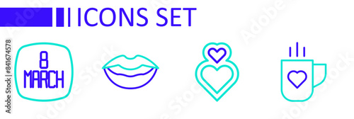 Set line Coffee cup and heart, Heart, Smiling lips and 8 March icon. Vector