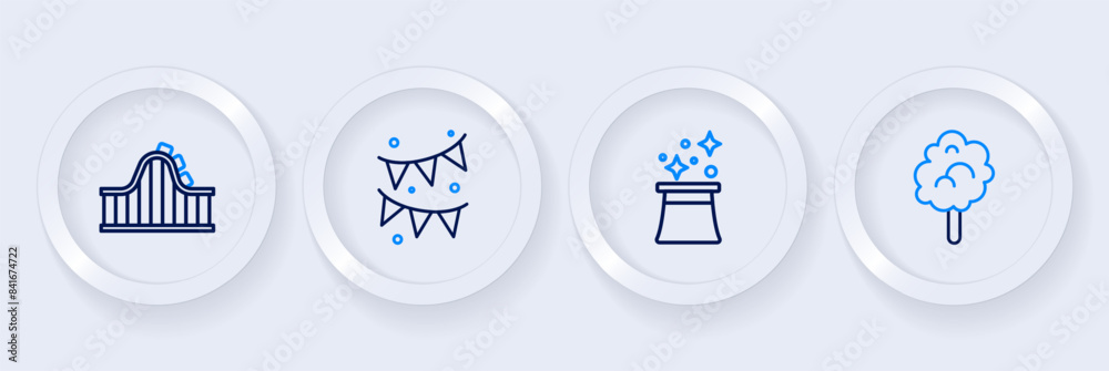 Set line Cotton candy, Magician hat, Carnival garland with flags and Roller coaster icon. Vector Set line Cotton candy, Magician hat, Carnival garland with flags and Roller coaster icon. Vector