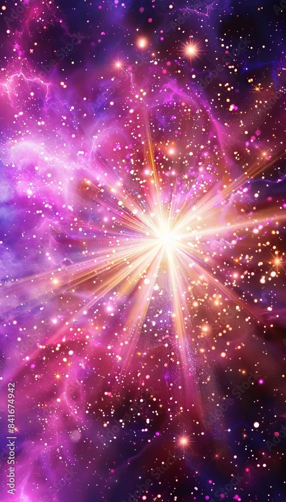Abstract magenta light burst on dark background with purple and golden sparkling rays Abstract magenta light burst on dark background with purple and golden sparkling rays