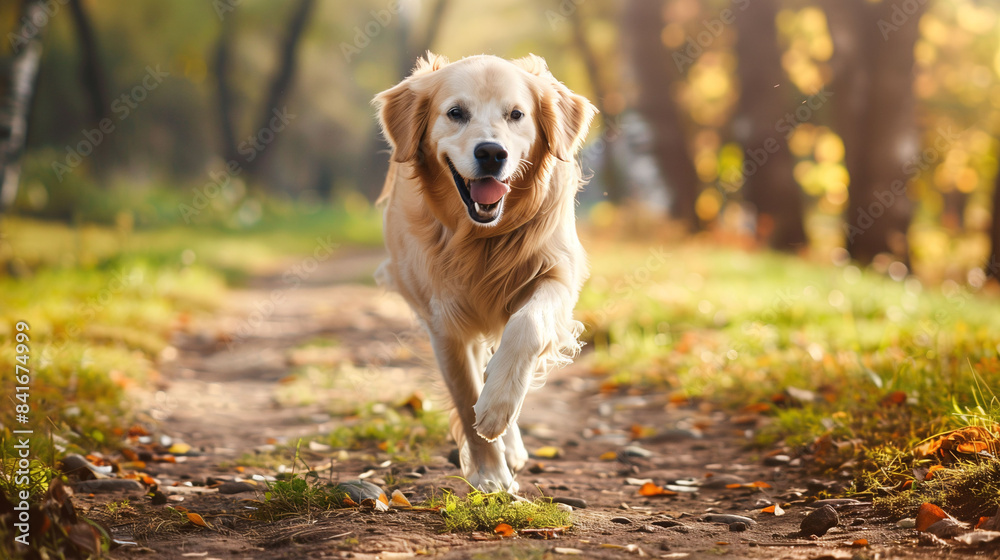 Golden Retriever Enjoying a Sunny Forest Walk