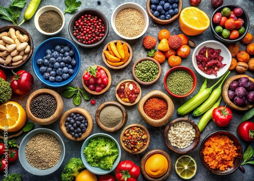 Colorful array of fresh fruits  vegetables  nuts  and seeds in various bowls on a surface  healthy  organic  vibrant  food  assortment  nutrition  variety  natural  diet  freshness