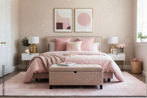 A family-friendly bedroom featuring a beige bed with storage underneath  a soft beige rug  pillows   and painting in a minimal style with pink color tone.