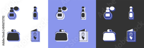 Set Greeting card with 8 March, Perfume, Handbag and Champagne bottle icon. Vector