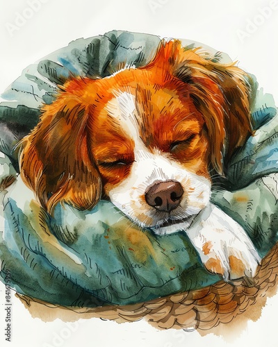 Adorable dog sleeping peacefully in a cozy bed with a content expression, capturing a moment of tranquility and cuteness.