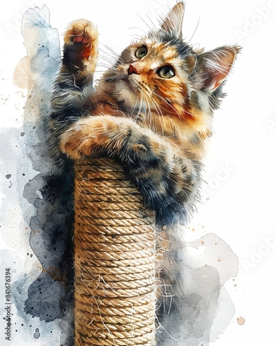 A watercolor of a playful cat climbing a scratching post, showcasing its charming and curious nature.
