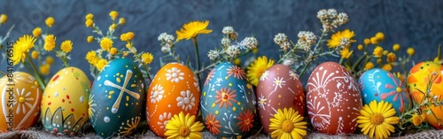 A close-up of beautifully decorated Easter eggs from Lipik, showcasing intricate Christian symbols. The eggs are surrounded by vibrant spring flowers, creating a festive and celebratory image. photo