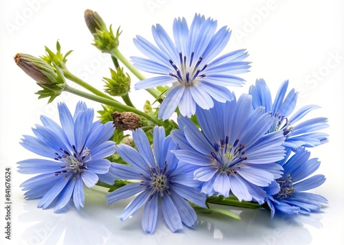 Common chicory flowers isolated on white background, chicory, Cichorium intybus, blue flowers, nature, botany, plant, garden, herbal, wildflower, isolated, white background, bloom photo