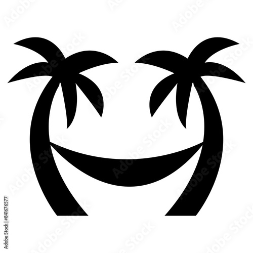 Illustration depicting a black icon of a hammock for relaxation, between palm trees on a white background