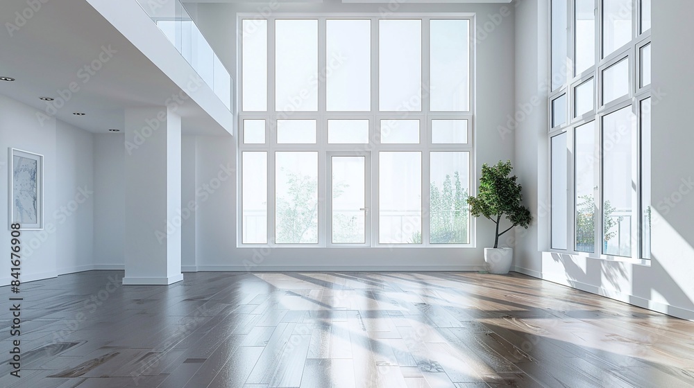 Fototapeta premium Empty condominium apartment with high ceilings, contemporary finishes, perfect for interior design mockup