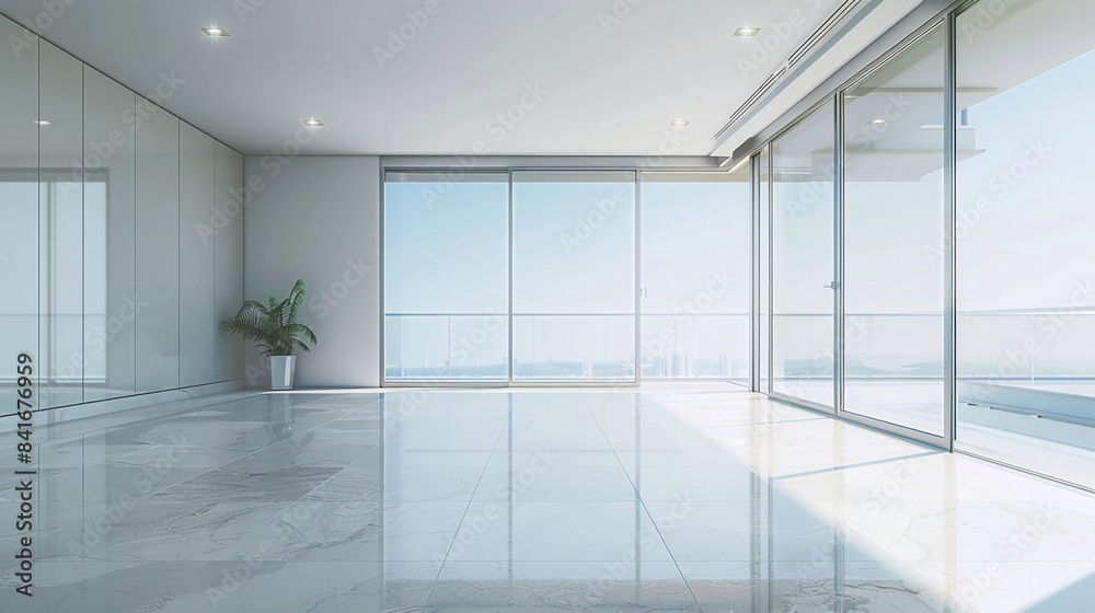 Obraz premium Bright empty condominium apartment, large glass doors to balcony, blank canvas for designers