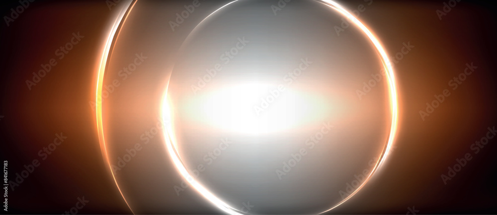Naklejka premium Neon glowing circle rays, light round lines in the dark, planet style neon wave lines. Energetic electric concept design for wallpaper, banner, background