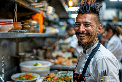 Chef with Quirky Spiked Hairstyle and Colorful Apron in Busy Kitchen © Mihai Zaharia