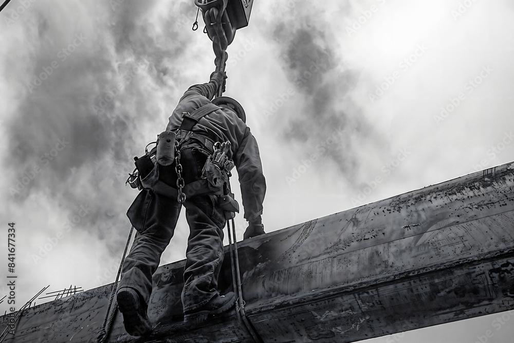 Construction Worker Guiding Heavy Beam Under Cloudy Sky Construction Worker Guiding Heavy Beam Under Cloudy Sky