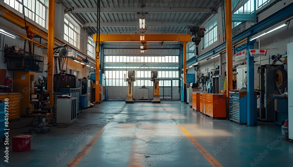 Empty workshop with a lift in a car repair station Empty workshop with a lift in a car repair station