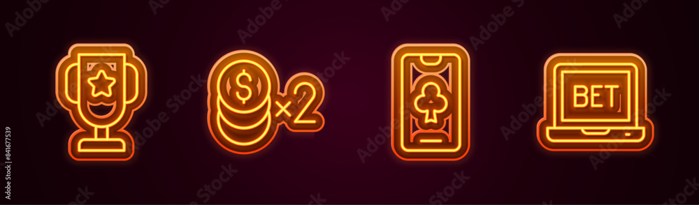 Set line Casino poker trophy cup, chip with dollar, Online table game and sports betting. Glowing neon icon. Vector Set line Casino poker trophy cup, chip with dollar, Online table game and sports betting. Glowing neon icon. Vector