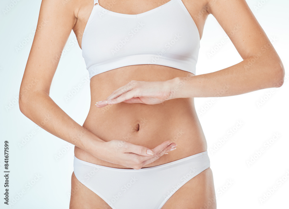 Woman, abdomen and hands for gut in studio, wellness and lingerie for self care on white background. Female person, stomach and frame belly for digestion, detox and cosmetics treatment or liposuction Woman, abdomen and hands for gut in studio, wellness and lingerie for self care on white background. Female person, stomach and frame belly for digestion, detox and cosmetics treatment or liposuction