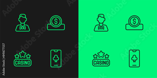 Set line Online poker table game, Casino signboard, dealer and Coin money with dollar icon. Vector