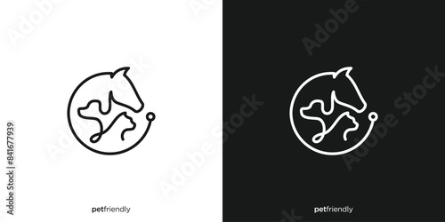 Creative Pet Logo Design. Horse, Dog, Cat with Line art Outline Style. Pet Friends Icon, Symbol, Vector, Design Template.