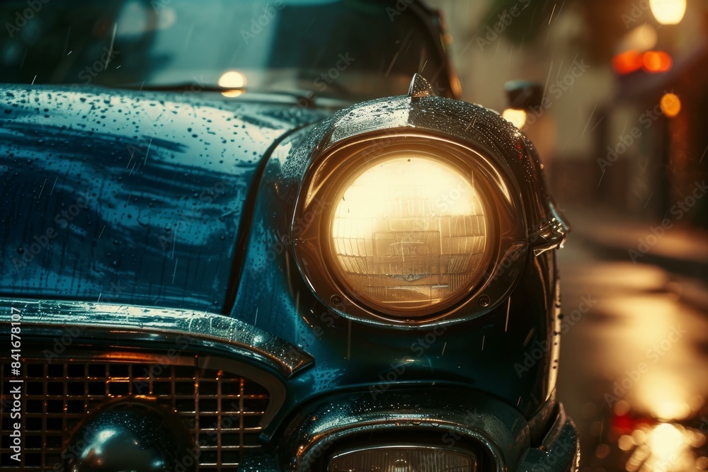 Closeup of a classic car's headlight shining brightly on a wet city street during a downpour Closeup of a classic car's headlight shining brightly on a wet city street during a downpour