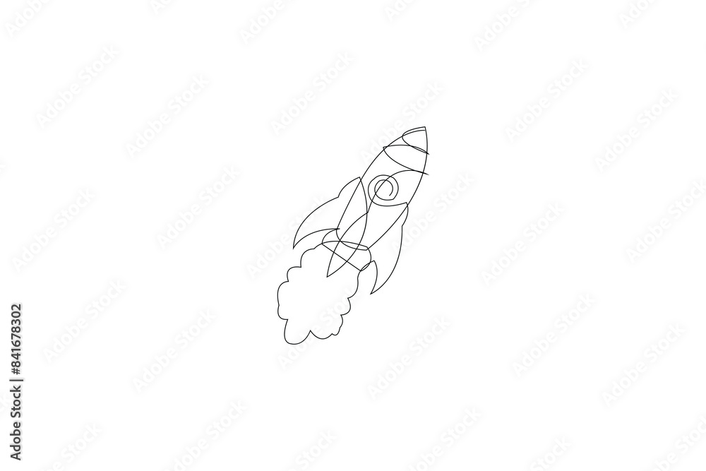 Rocket flying with cloud and gas line art black white background