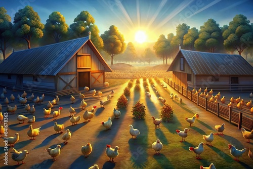 Chicken farm with rows of chicken coops and free-roaming chickens in a sunny rural setting, poultry, farm, agriculture, livestock, rural, animals, eggs, hens, roosters, coop, barn, feeding photo