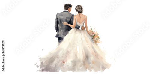 Wedding couple married with flowers watercolor illustration 